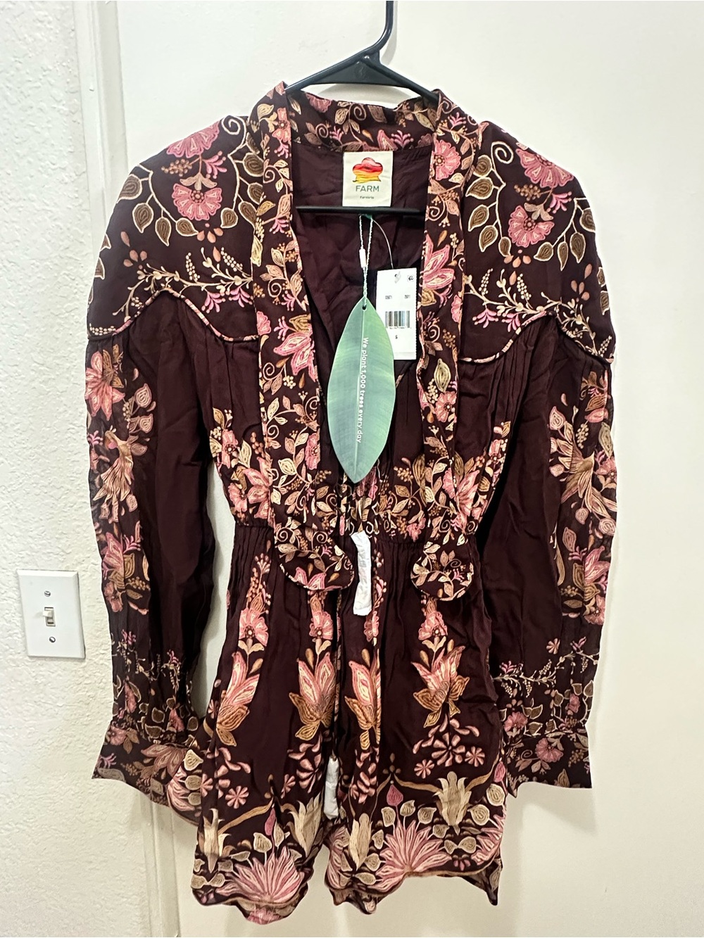 FARM Rio Brown Floral Embroidered Tunic with Pink and Cream Accents